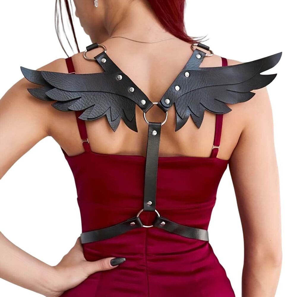 8797 Body Chest Harness Belt with Angel Wings, Adjustable Faux Leather Body